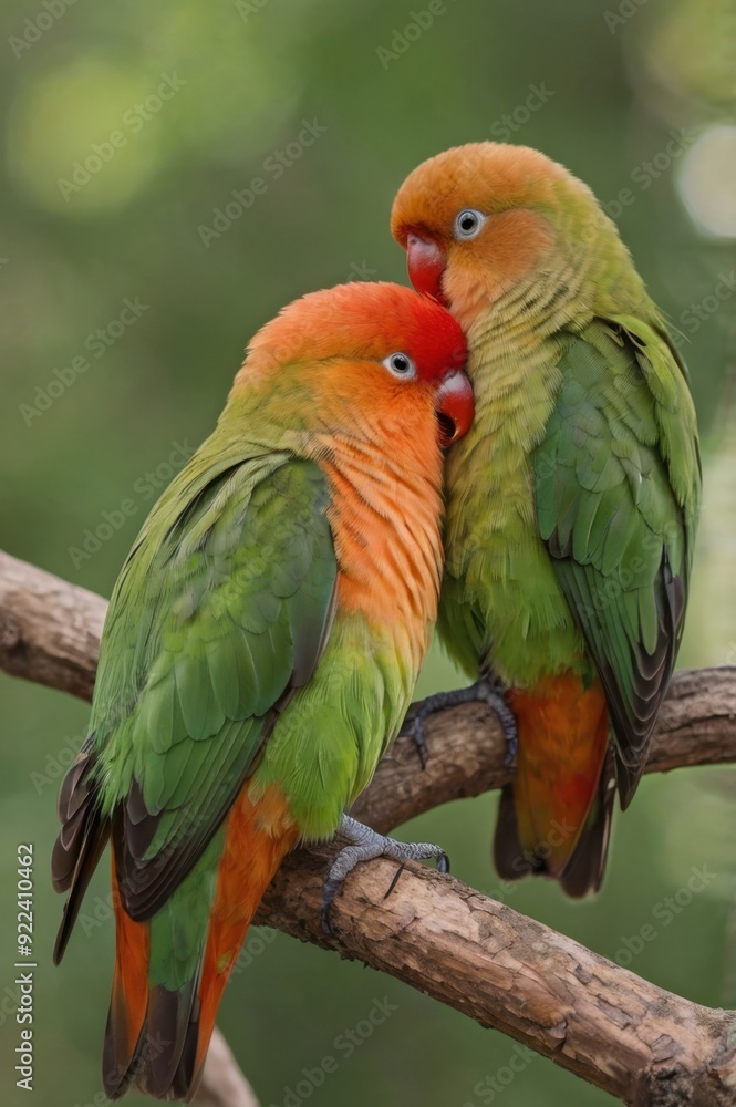 Fototapeta premium Affectionate Lovebirds Perched on a Branch in Vibrant Colors