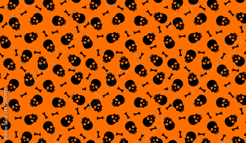 Simple skull and bones pattern background. Vector Halloween orange print with skeletons parts. Funny illustration for Day of Dead decor, Halloween wallpaper, wrapping paper, backdrop.