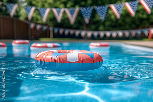 A pool decorated with American flag bunting and colorful pool floats creates a lively and inviting atmosphere for a festive celebration, capturing the spirit of summer and patriotism.