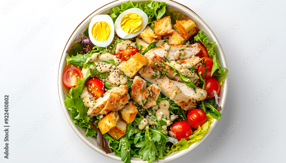 Top view of Caesar salad with lettuce, tomatoes, quail eggs, croutons, chicken and sauce in paper bowl isolated on white Top view of Caesar salad with lettuce, tomatoes, quail eggs, croutons, chicken and sauce in paper bowl isolated on white