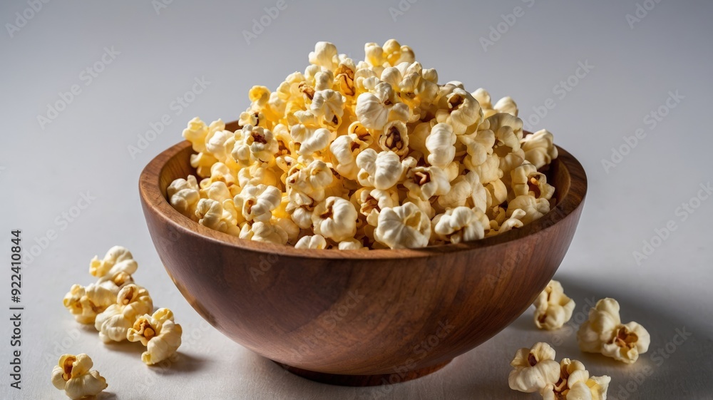 Wooden bowl with popcorn, white background. Wooden bowl with popcorn, white background.