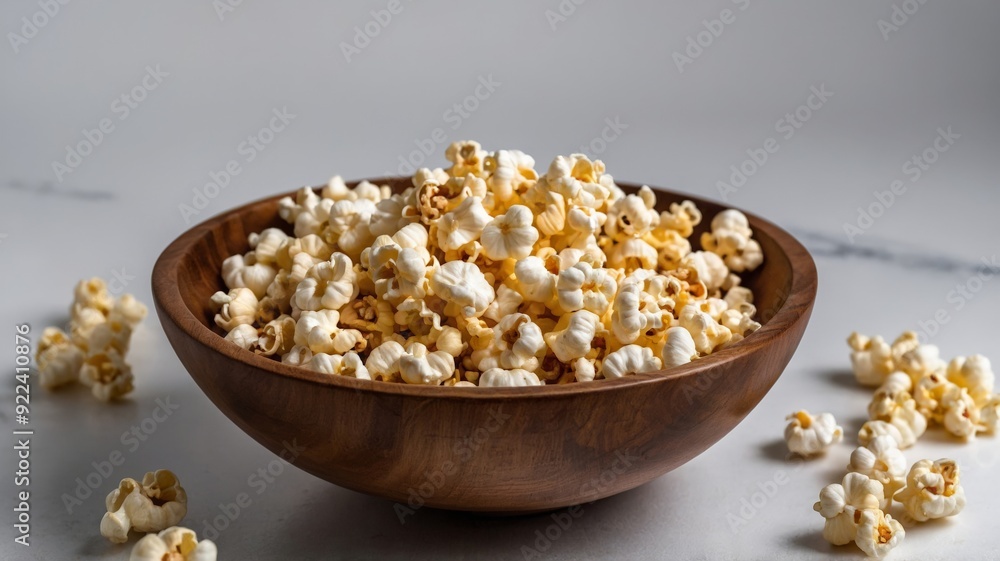Wooden bowl with popcorn, white background. Wooden bowl with popcorn, white background.