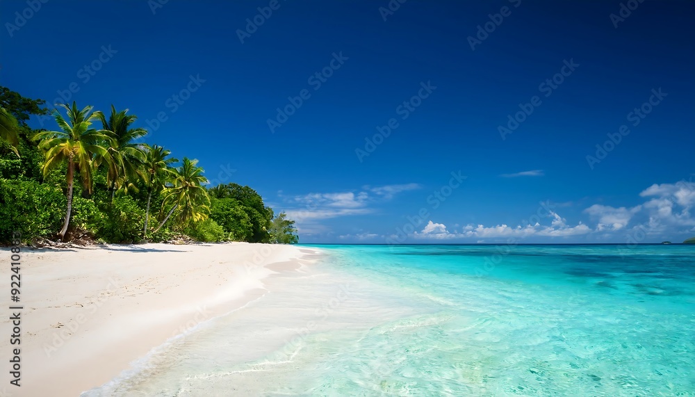 Turquoise waters lap at pristine white sand, swaying palms frame idyllic tropical paradise Turquoise waters lap at pristine white sand, swaying palms frame idyllic tropical paradise