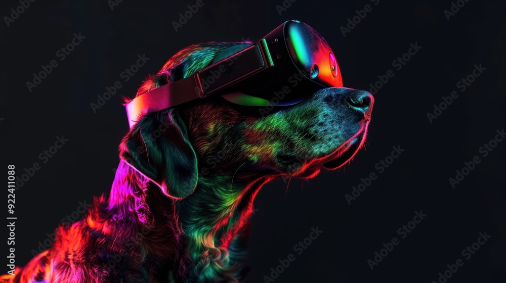 Obraz premium A dog wearing a virtual reality headset, illuminated by vibrant neon lights, creating a futuristic and high-tech atmosphere.
