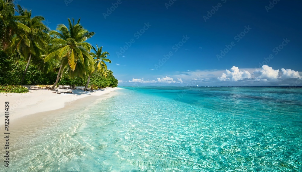 Fototapeta premium Turquoise lagoon, white sand, swaying palms, and endless blue sky create idyllic tropical paradise