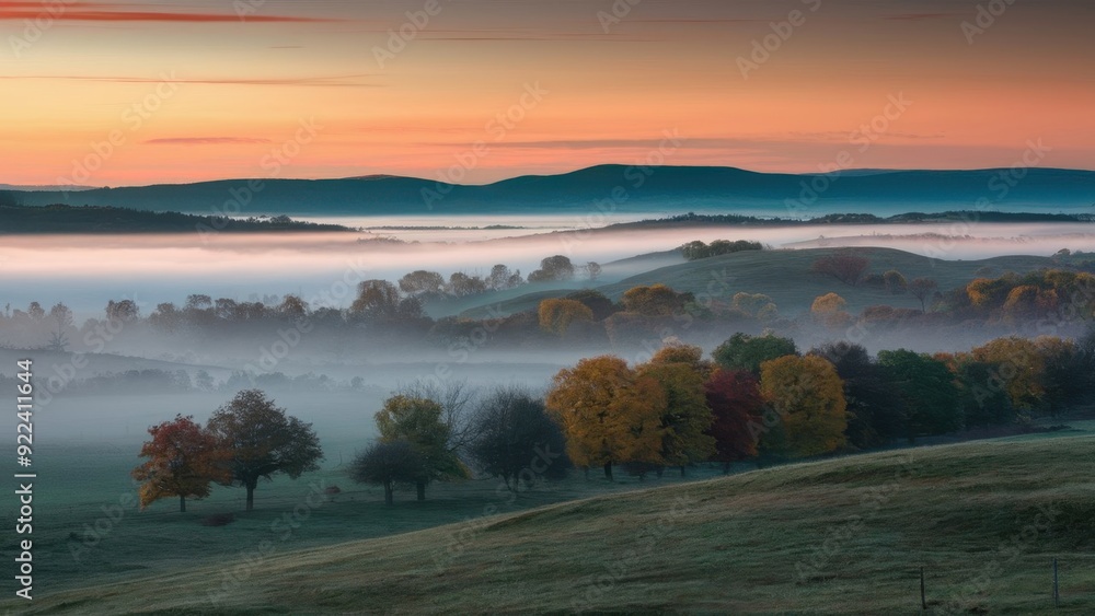 Fototapeta premium Enchanting Foggy Morning Over Autumn Hills
