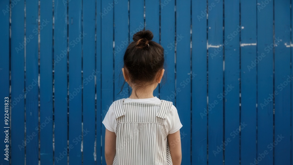 Charming Innocence: Back View of a Little Girl Against a Blue Wall Charming Innocence: Back View of a Little Girl Against a Blue Wall