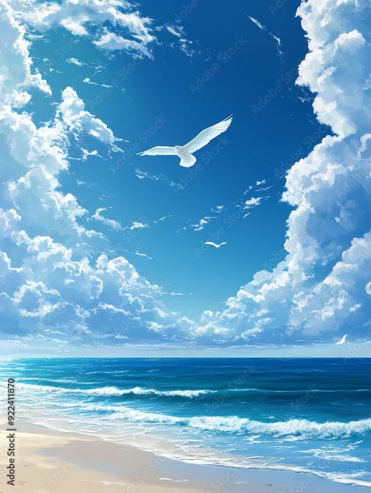 Seascape with White Birds Flying in a Blue Sky Seascape with White Birds Flying in a Blue Sky