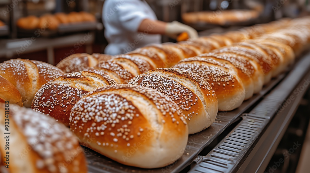 A close-up view of golden-brown bread loaves sprinkled with sesame seeds, neatly lined up on a conveyor belt. A close-up view of golden-brown bread loaves sprinkled with sesame seeds, neatly lined up on a conveyor belt.