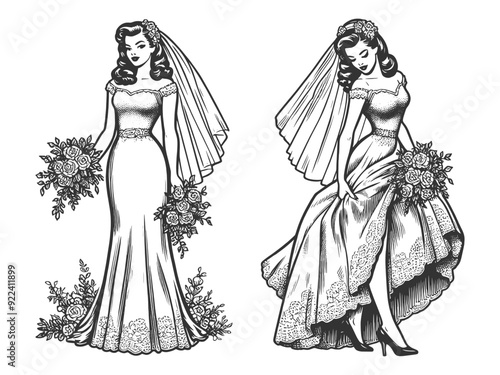 bride throws bouquet joyful spirit of a retro wedding sketch engraving generative ai fictional character vector illustration. Scratch board imitation. Black and white image.