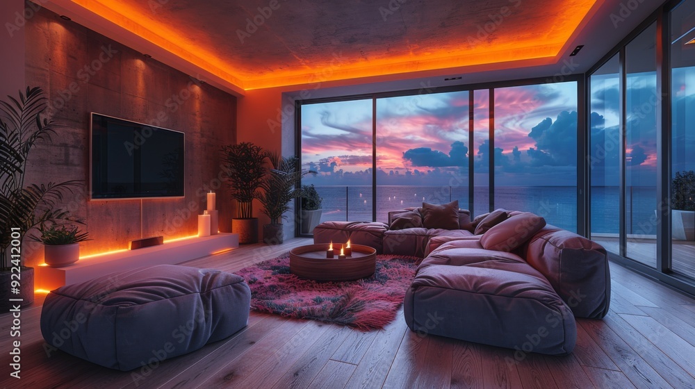 A stylish basement hideout accentuated by ambient LED strips, complete with a chic sofa and a wall-mounted TV for watching A stylish basement hideout accentuated by ambient LED strips, complete with a chic sofa and a wall-mounted TV for watching