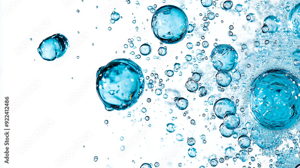 Blue Molecules and Water Bubbles on a White Background, Featuring Abstract and Scientific Elements in a Unique Artistic Style Blue Molecules and Water Bubbles on a White Background, Featuring Abstract and Scientific Elements in a Unique Artistic Style