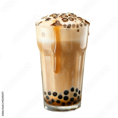 Refreshing glass of bubble tea with tapioca pearls, topped with frothy milk and caramel sauce, isolated on white background.