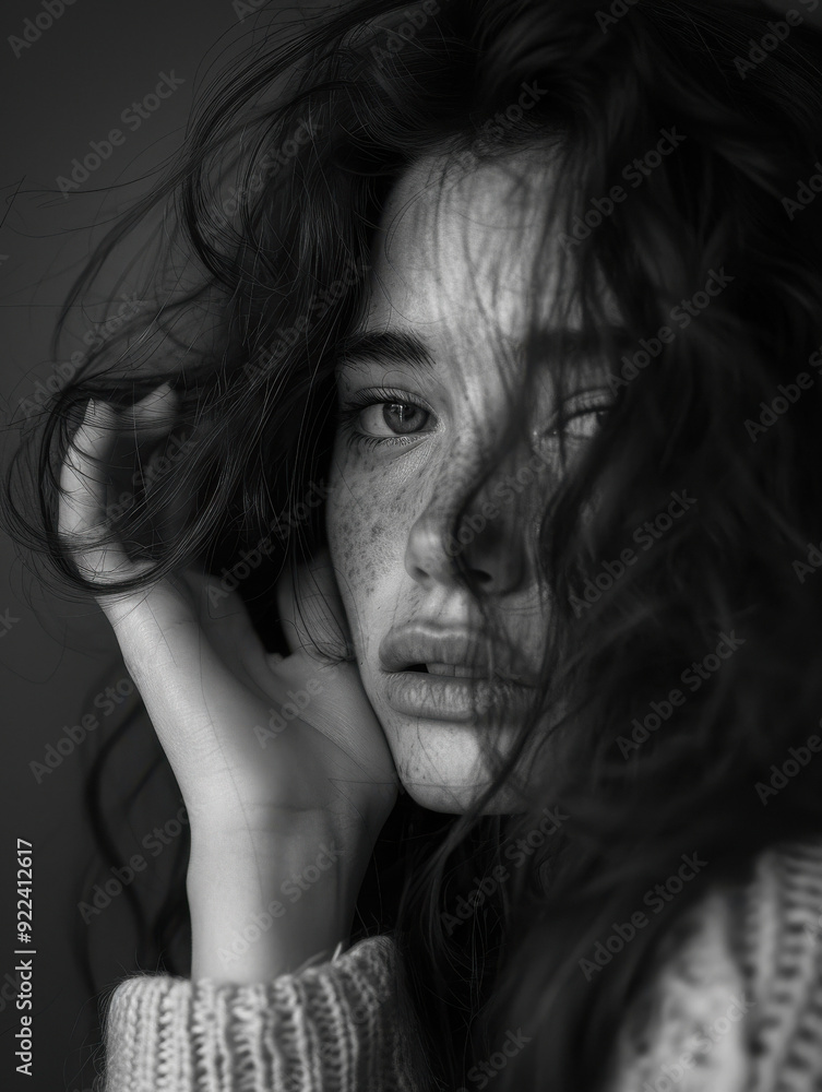 Introspective Young Woman in Textured Sweater, Black and White Portrait Introspective Young Woman in Textured Sweater, Black and White Portrait
