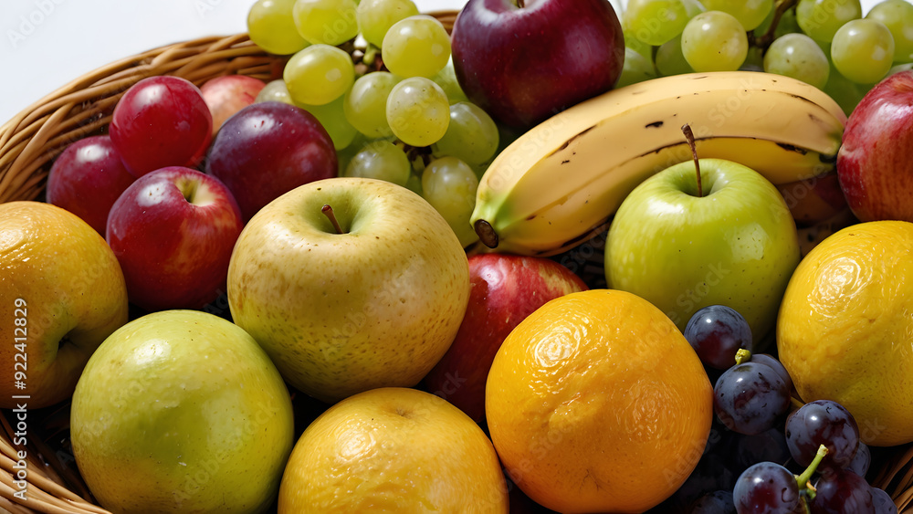 A basket of fruit including apples, kiwis, and strawberries. The basket is on a wooden table A basket of fruit including apples, kiwis, and strawberries. The basket is on a wooden table