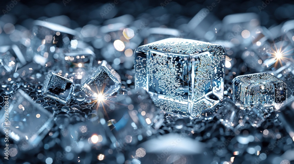 A collection of ice blocks resting alongside one another atop a stack of glistening glass blocks A collection of ice blocks resting alongside one another atop a stack of glistening glass blocks