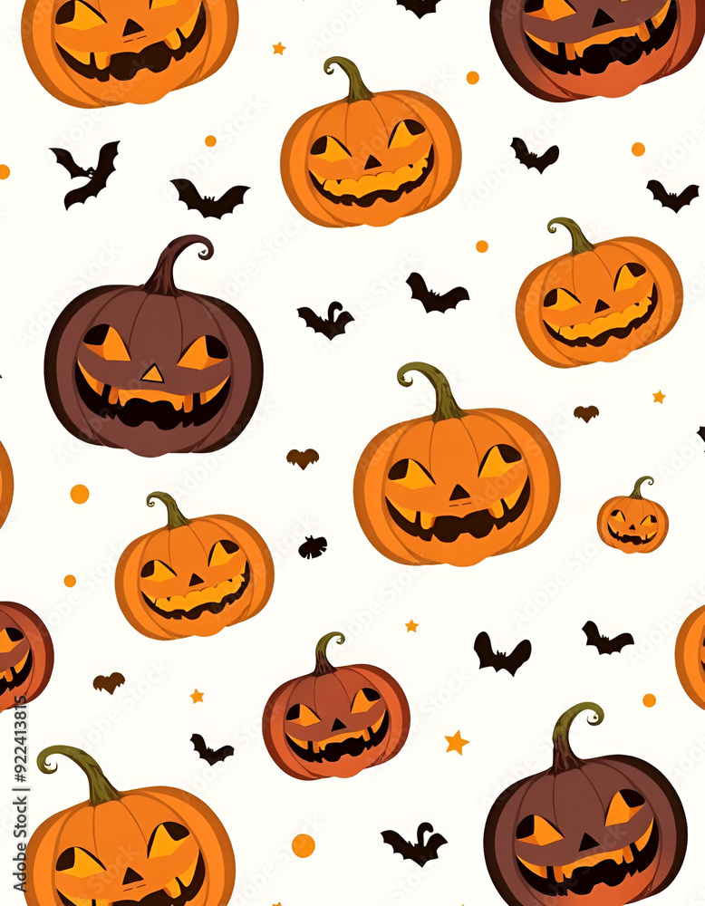 Repeating pattern of carved Halloween pumpkins and bats on a white background Repeating pattern of carved Halloween pumpkins and bats on a white background