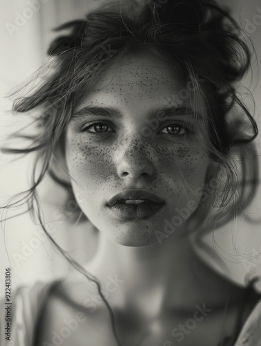 Monochrome Portrait of a Freckled Young Woman