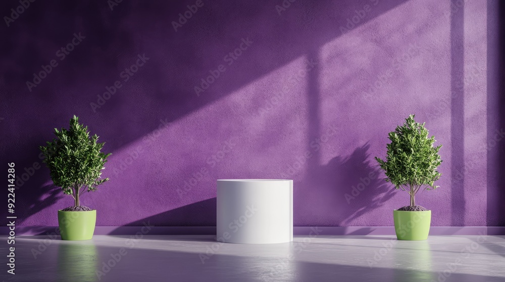 A sleek purple room with a white pedestal in the center, accompanied by two green potted plants for a pop of color. A sleek purple room with a white pedestal in the center, accompanied by two green potted plants for a pop of color.