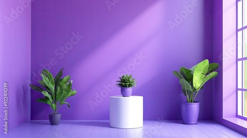 A sleek purple room with a white pedestal in the center, accompanied by two green potted plants for a pop of color. photo