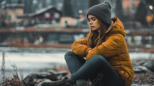 A solitary young woman, clad in a winter jacket and beanie, sits despondently on the ground, her melancholic figure juxtaposed against a quaint, riverside town. photo