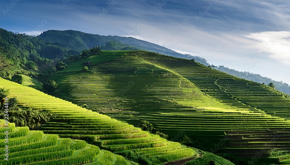 Fototapeta premium Serene green rice terraces cascade down lush mountain slopes, a vibrant tapestry of agriculture amidst island paradise