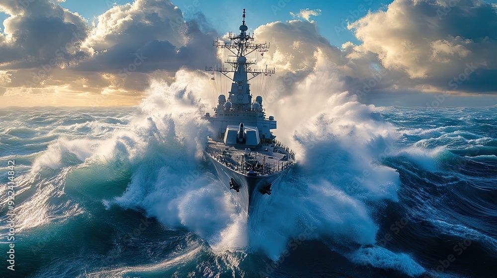 Front view of a powerful American warship, cutting through waves with ...