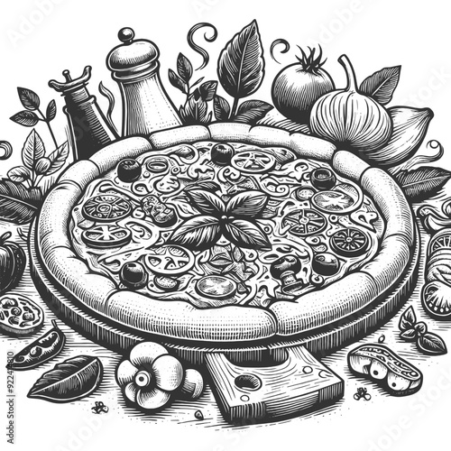 top view of a pizza surrounded by various ingredients and kitchen utensils in a vintage style sketch engraving generative ai vector illustration. Scratch board imitation. Black and white image.