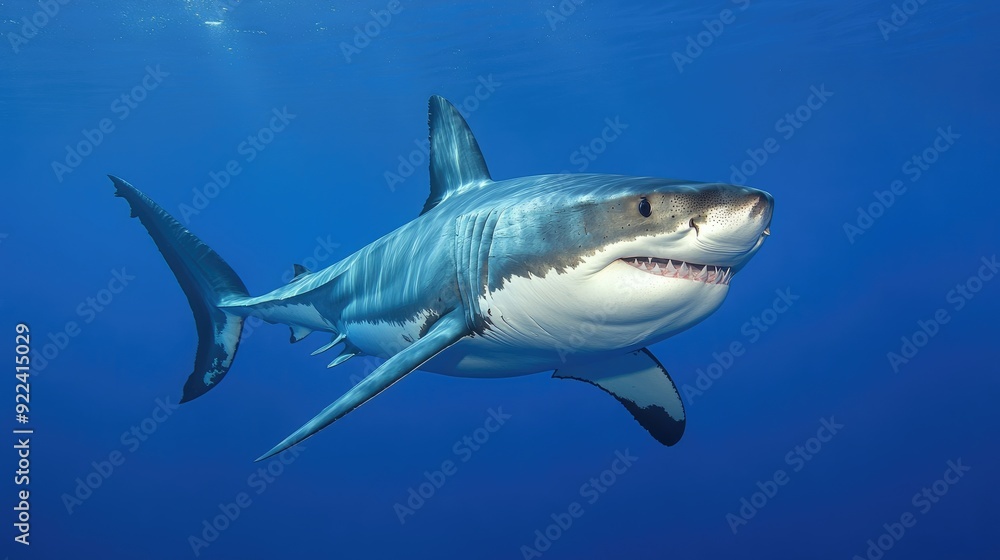 Obraz premium Great white shark in its natural habitat, cruising through the deep blue waters off the coast of a Mexican island.
