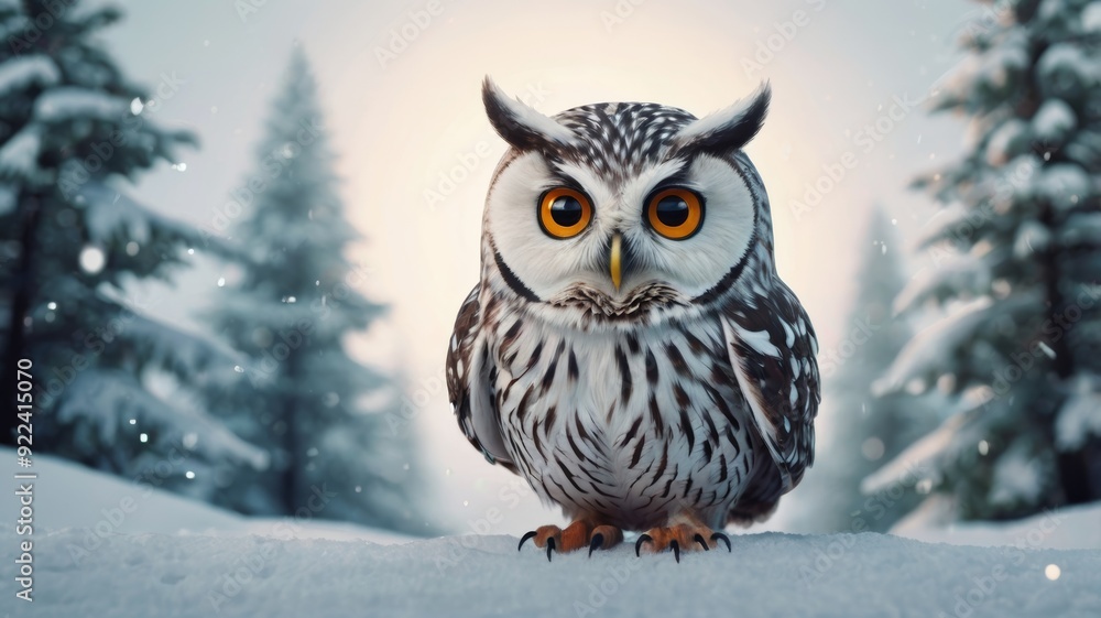 An owl standing gracefully in the snow, surrounded by a serene winter landscape, showcasing its majestic feathers. An owl standing gracefully in the snow, surrounded by a serene winter landscape, showcasing its majestic feathers.