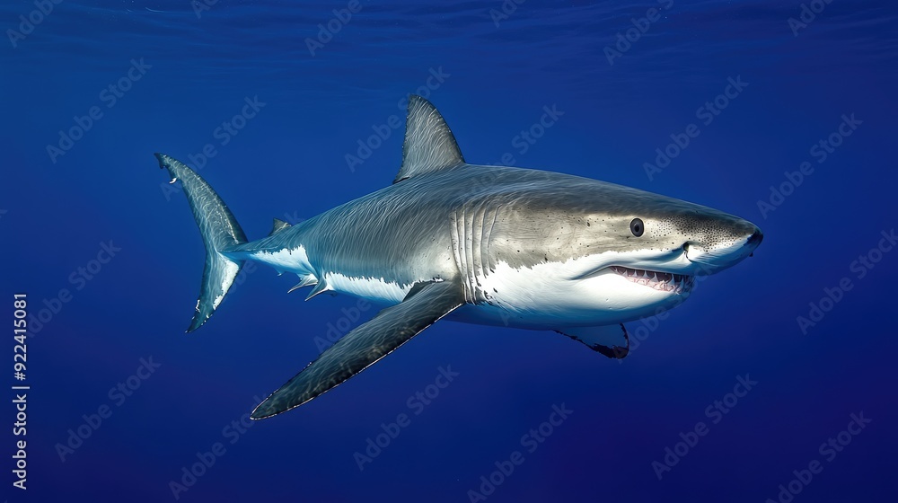 Obraz premium Great white shark in its natural habitat, cruising through the deep blue waters off the coast of a Mexican island.
