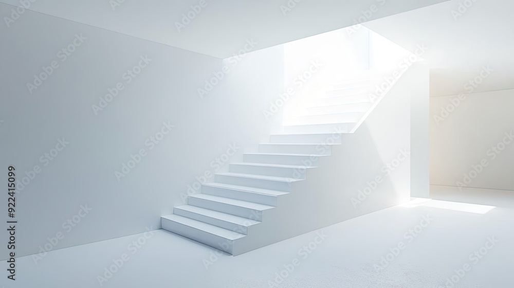 Obraz premium A staircase in pure white, leading to a platform of the same color, creating a seamless and minimalist design.