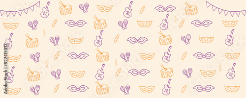 carnival background design with mask, feathers, drum, guitar and flags for party. Mardi Gras festive, carnival, festival, parade. template for design background