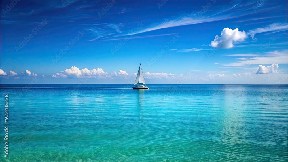 Obraz premium Clear blue sea meeting the endless sky with a lone sailboat on the horizon, ocean, water, sky, horizon, sailboat, serene, tranquil