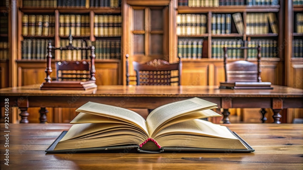 Close-up of an open law book on a wooden desk in a courtroom setting, with a row of law books in the background, Law, book Close-up of an open law book on a wooden desk in a courtroom setting, with a row of law books in the background, Law, book