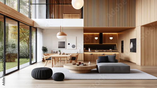 Modern open-concept living space with large windows, featuring a kitchen, dining area, and cozy sitting area. Natural wood and minimalistic design elements.