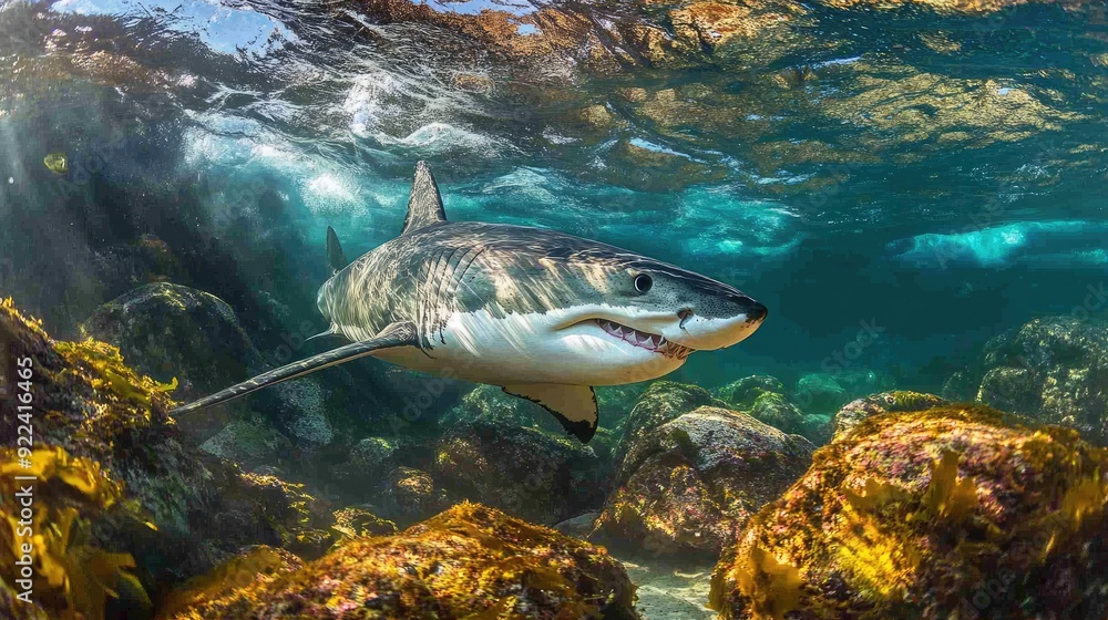Fototapeta premium Majestic great white shark gliding past underwater rocks near a Mexican island, embodying the power of the ocean's top predator.