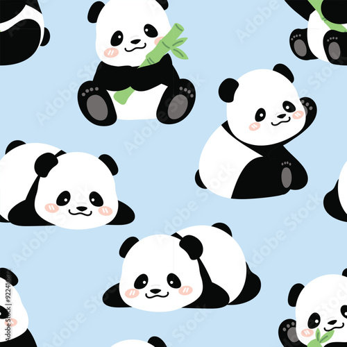 Cute Animal Panda characters seamless pattern. Hand drawn wild animal cartoon design of panda in different pose, bamboo, sitting, sleeping. Adorable bear mascot illustration for fabric, packaging.