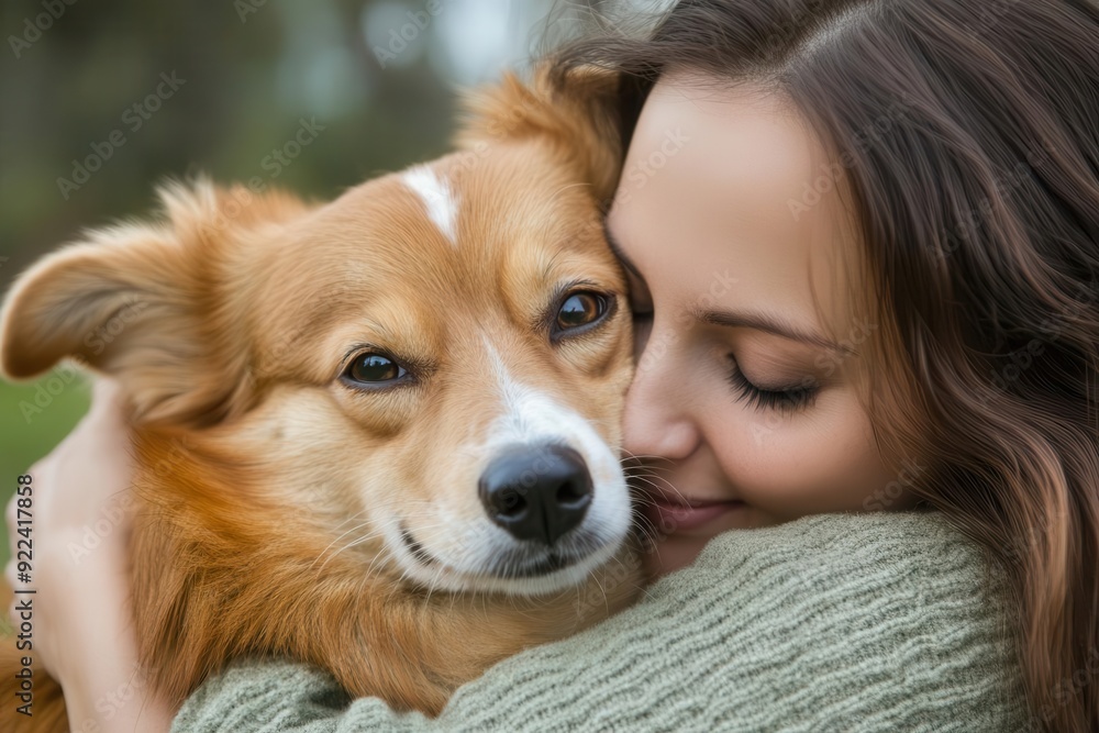 A woman lovingly hugs her dog outdoors, showcasing a deep bond and affectionate moment. Perfect for themes of love, pet care, and companionship. A woman lovingly hugs her dog outdoors, showcasing a deep bond and affectionate moment. Perfect for themes of love, pet care, and companionship.