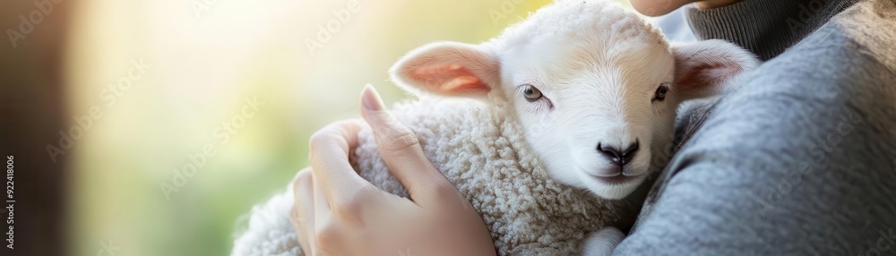 Adorable lamb being cradled in arms of a person, showcasing the gentle bond between human and animal, set in a natural, serene background. Adorable lamb being cradled in arms of a person, showcasing the gentle bond between human and animal, set in a natural, serene background.