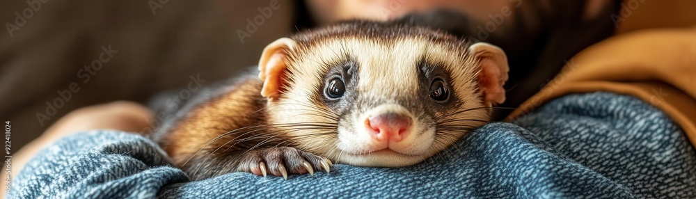 Adorable ferret resting on a person's arm, showcasing its lovable and curious nature. Perfect pet photography for animal lovers. Adorable ferret resting on a person's arm, showcasing its lovable and curious nature. Perfect pet photography for animal lovers.