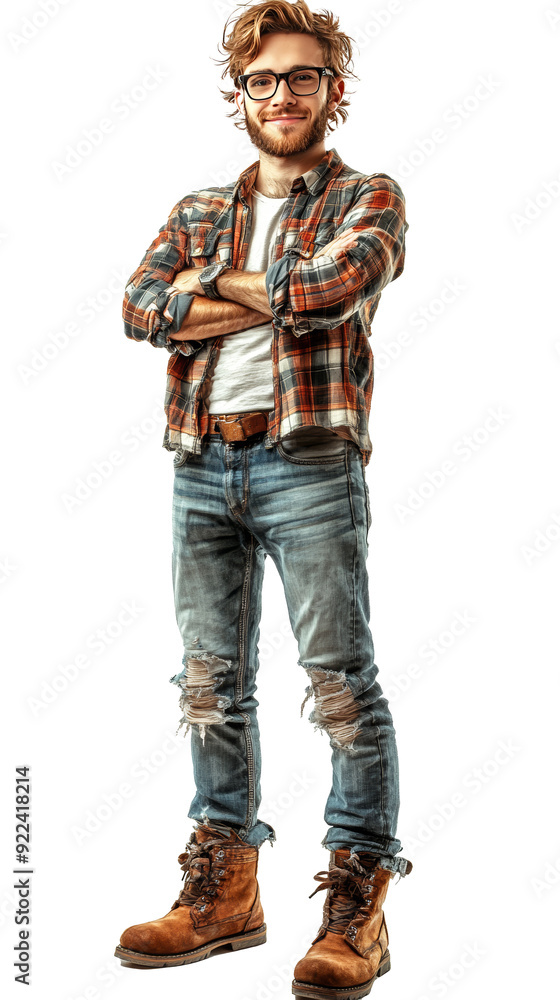 Isolated, transparent, no background, Casual Hipster Fashion: Young Man in Plaid Shirt, Ripped Jeans, and Boots Isolated, transparent, no background, Casual Hipster Fashion: Young Man in Plaid Shirt, Ripped Jeans, and Boots