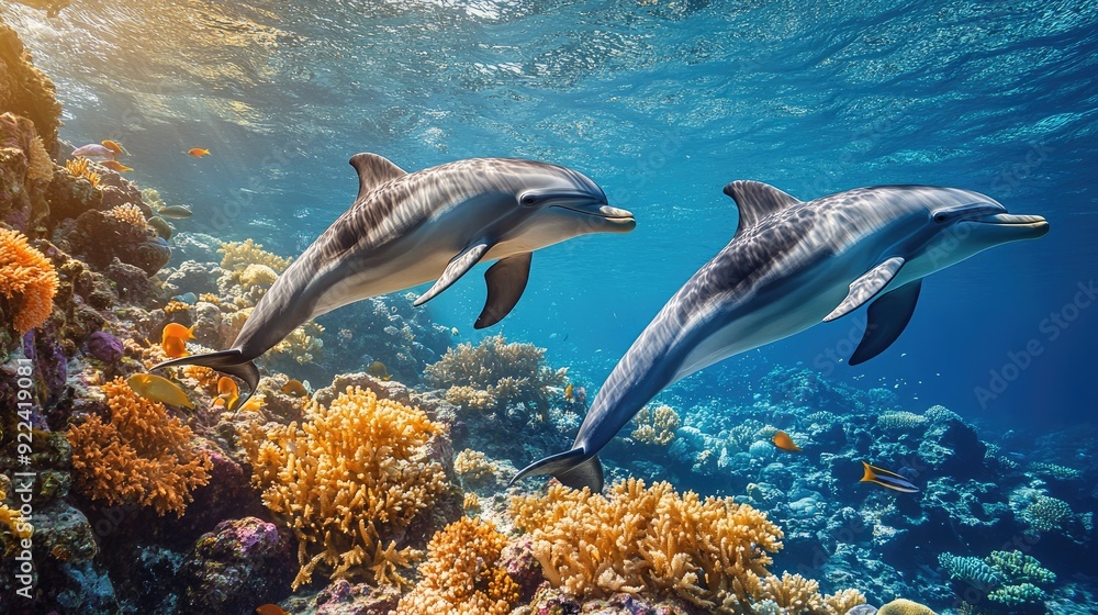 Fototapeta premium Playful dolphins swimming together near a coral reef, with the reef's rich biodiversity, including fish and sea plants, in the background.