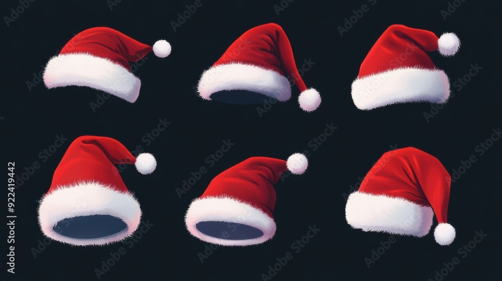A set of six santa hats are shown in various poses, AI A set of six santa hats are shown in various poses, AI