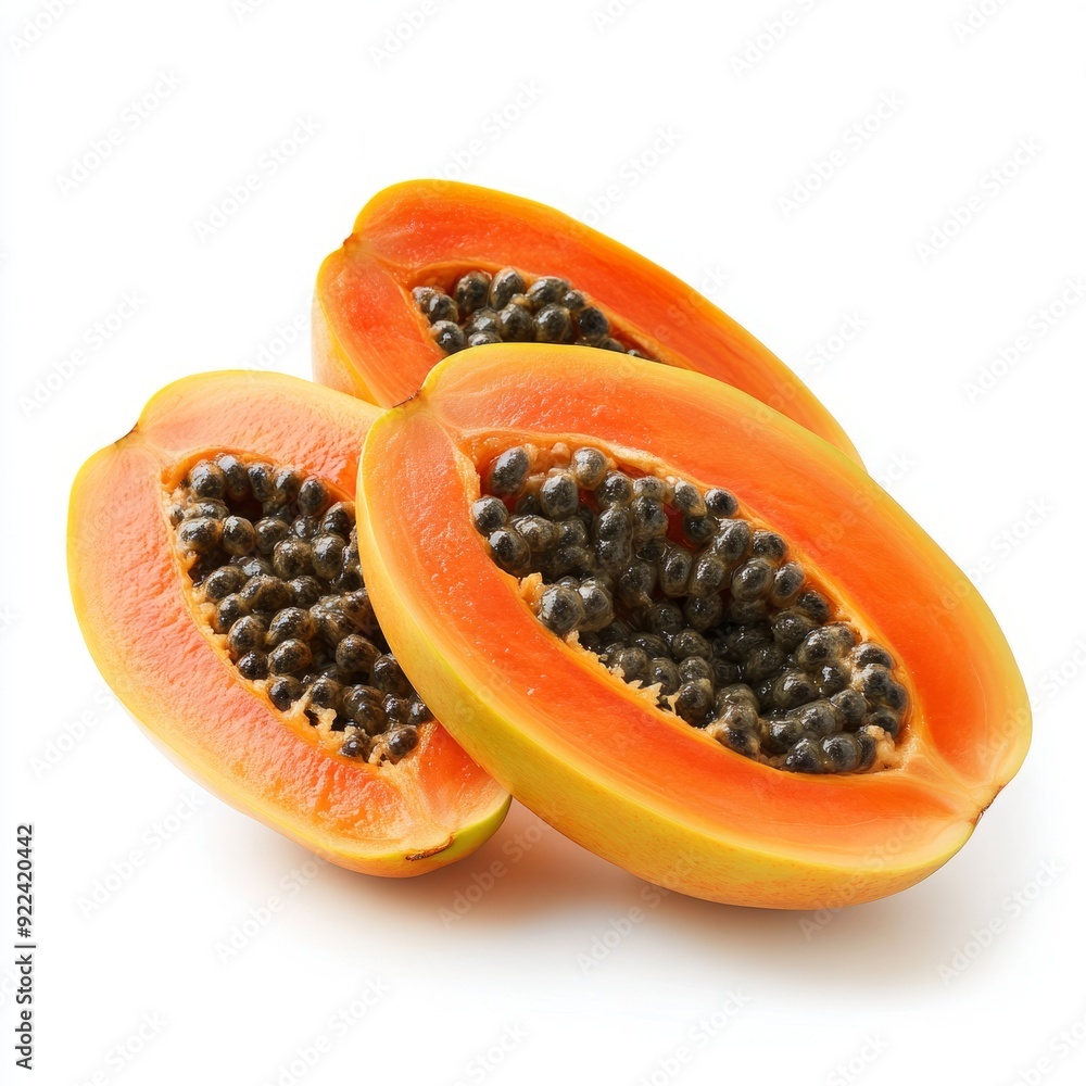 Close up of Fresh halved papaya fruit on an isolated white background