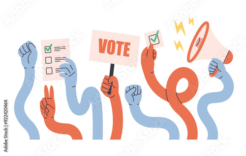 Comic flexible hands. Colored human arms holding vote ballots and megaphone, participate in voting. Voting and elections concept. Vector illustration in flat style