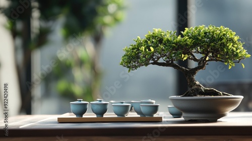 A traditional tea set is displayed on a wooden table, with a carefully pruned bonsai tree adding a touch of nature in the background.