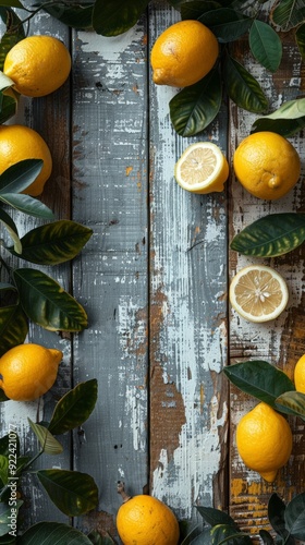 Fresh lemons and green leaves arranged on a rustic, weathered wooden surface, creating a vibrant contrast and evoking a natural, organic feel. photo