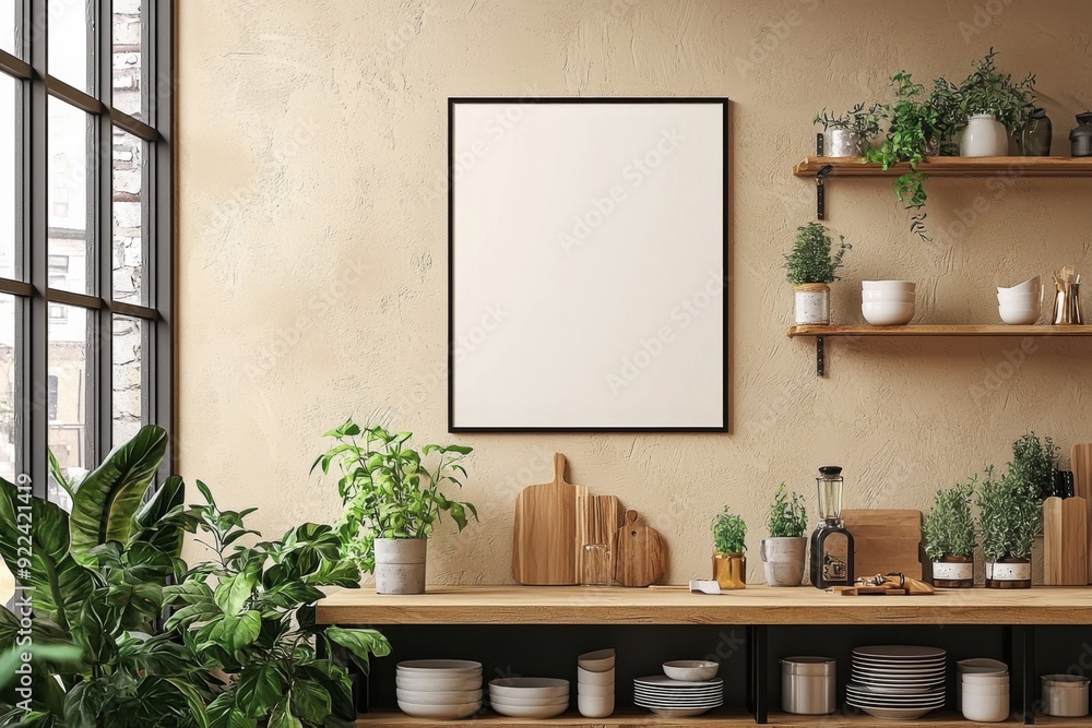 Fototapeta premium Minimalist Kitchen interior with Poster Mockup created with Generative AI