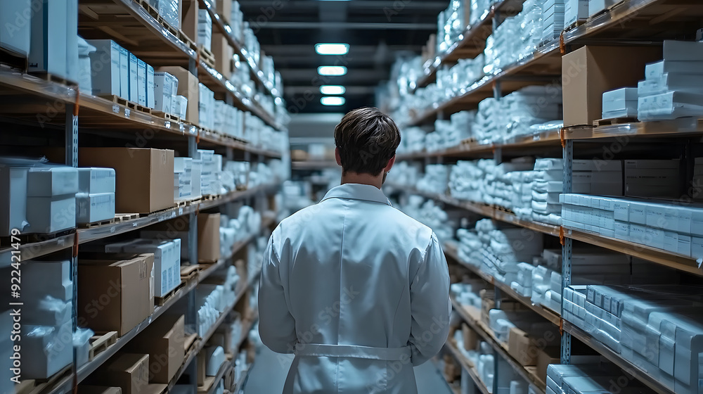 A person in a white lab coat is looking down at a shelf of boxes. The scene is set in a warehouse or a large storage room. The person appears to be a worker or a scientist A person in a white lab coat is looking down at a shelf of boxes. The scene is set in a warehouse or a large storage room. The person appears to be a worker or a scientist